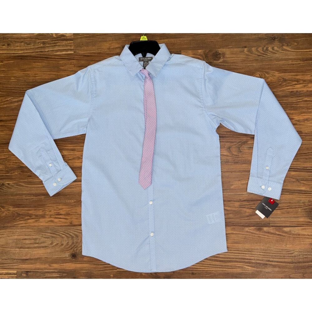 Van Heusen Blue And White Long Sleeve Boys Button Up With Tie XL